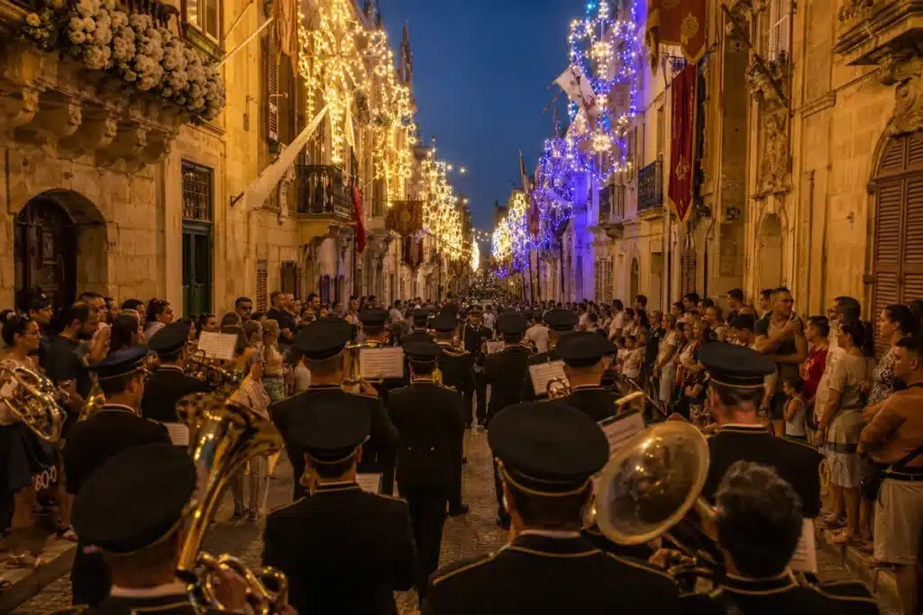 Traditional banda march through decorated streets during Malta summer festas 2026
