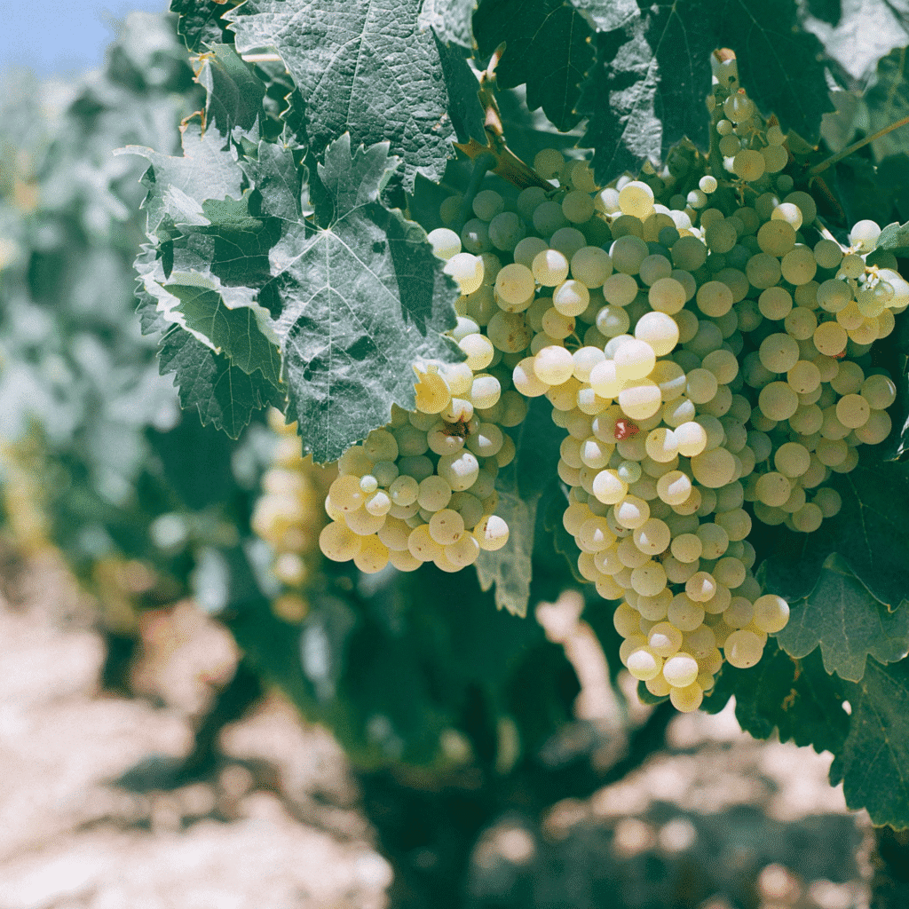 Clusters of green grapes hanging on a vine in a sunny vineyard signifying summer harvest