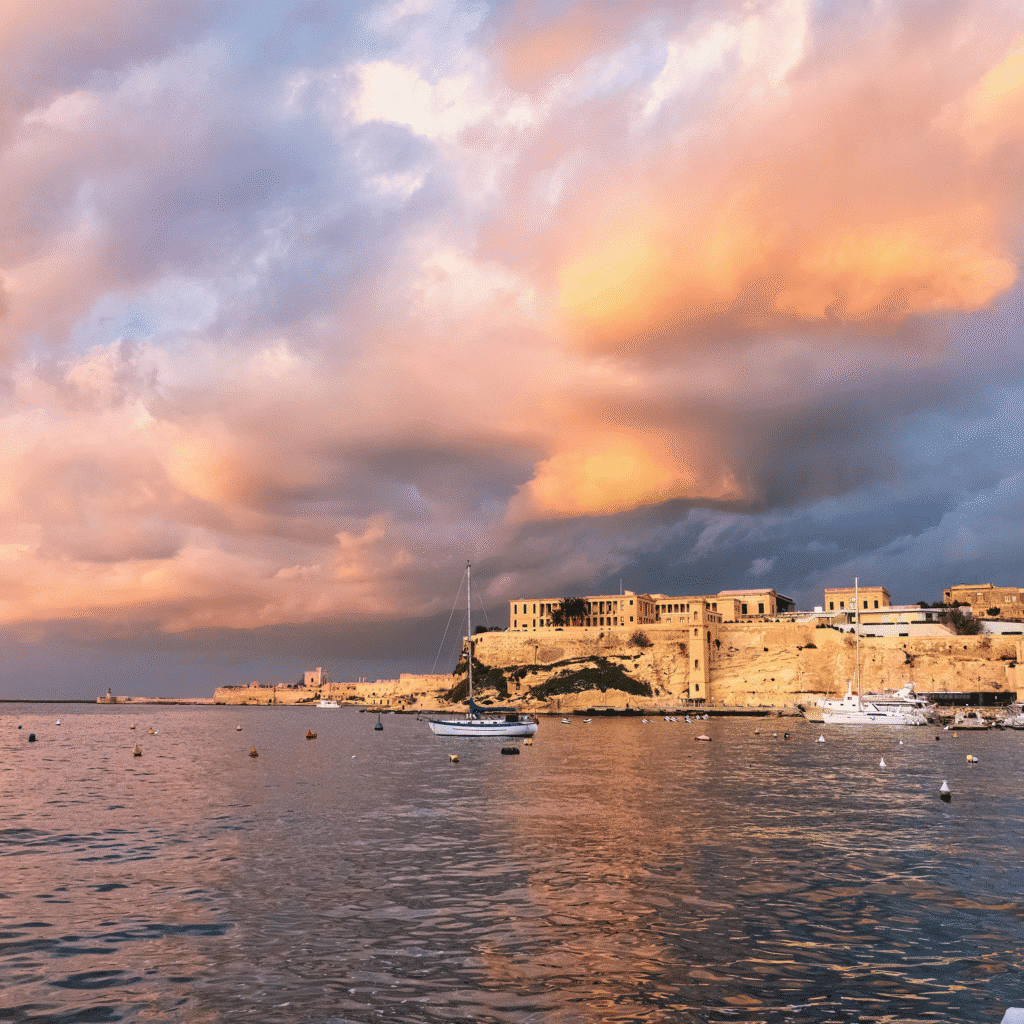 View of Valletta across Marsamxett Harbour in golden evening light